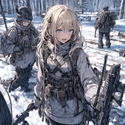 (best quality ), a girl have one rifle with her hand , Platinum color hair , The dreamer wants purplish blue eyes , medium , Lori will do it, (masterpiece:1.2, best quality ), (Beautiful detailed depiction : 1.2), ( beautiful detailed face ), ( small Breas...