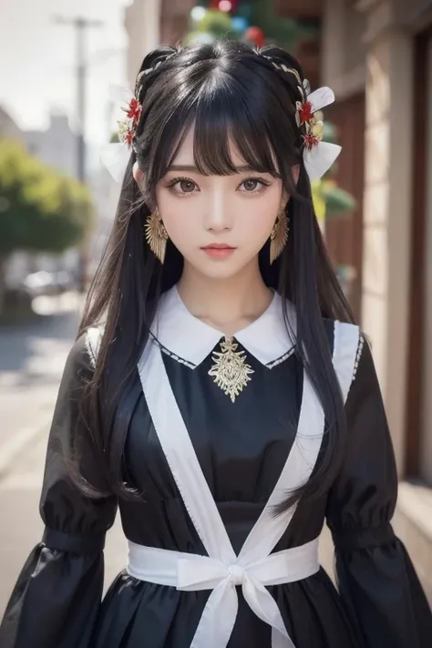  best quality , ( photorealistic:1.2),  1 girl, Alone,  detailed color,  focus on face ,  standing,  black hair,( hair ornament :1.35),OL,  ribbon trimming sleeve ,  detachable sleeves , Ribbon trim,  wide sleeve, ( viewers:1.5)  long hair,  black eyes, ba...