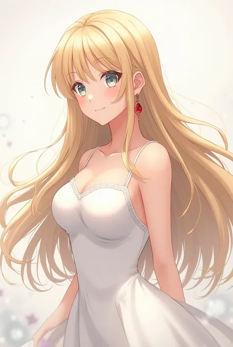 An anime girl, breasts,  long hair,  white dress , ruby earring,  blond hair , gray eyes, pretty and sweet 