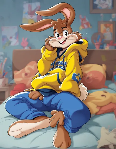 zPDXL3,quicky,4 fingers,brown fur, blue pants, yellow winter hoodie, sitting down on the bed in the bedroom, 25 year old adult, 6 feet tall, cute version of quicky, cute rabbit hair, furry, rabbit, male, femboy, slim,solo,looking_at_viewer,