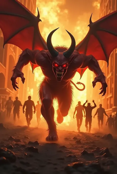 There is a devil who has set buildings on fire and his eyes are red and he is running towards killing people. People are running away in fear.