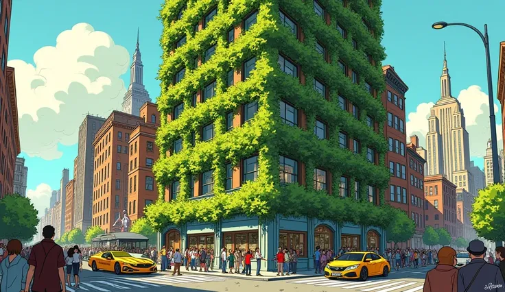 detailed, vibrant illustration of a NYC building full of plants, trees, by Herge, in the style of Tin-Tin comics, vibrant colors, detailed, lots of people, sunny day, beautiful illustration