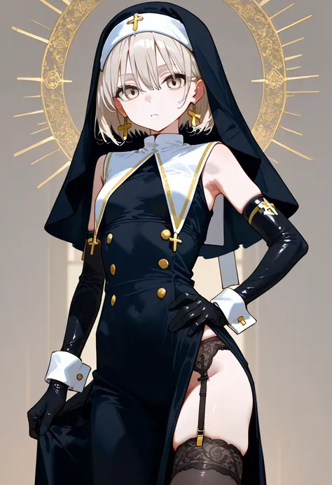  high resolution, best quality,,Skinny girl ,(( small tits)),黒い修道服 long maxi-skirt onepiece, nun, light beige hair,Light Beige Eyes , Very Shorthair,Golden embroidery,black buttoned cuffs, noble costume , LONG GLOVES, gold earrings,, wears a sailor suit un...