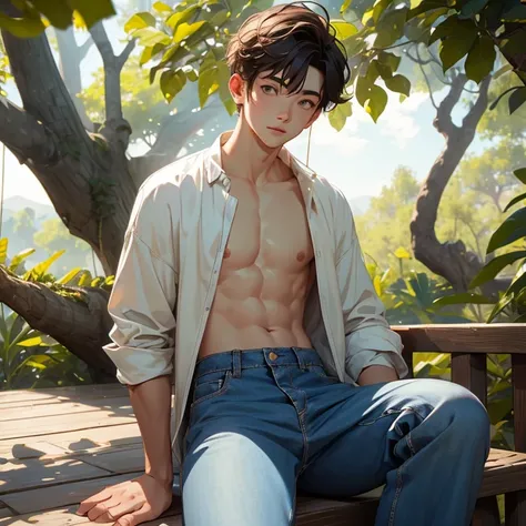 A boy contented relaxing wearing his mother's oversized high-waisted mom jeans shirtless flat chest unmentionables inside treehouse