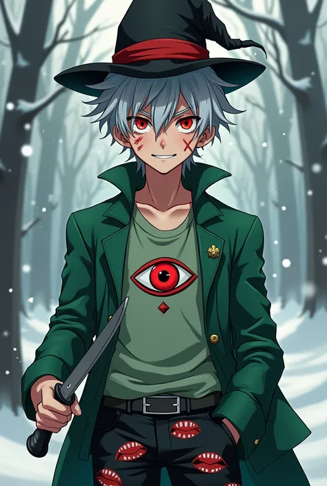 adult man,  brand,  red eye with a star in the pupil, A red x covering one of the eyes, Untidy short hair with the colors silver and white, a magician's top hat on the head with a big red eye in the center,  scars on his face ,  mischievous smile,  green o...