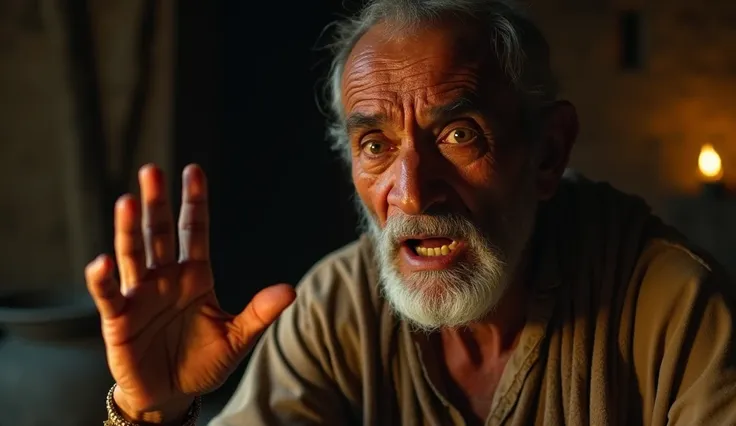 "Depict a cinematic close-up of an elderly man from an ancient Indian village, his face filled with urgency and concern as he asks about the missing gemstone. The man, dressed in humble, tattered clothes, has furrowed brows, wide eyes, and slightly parted ...