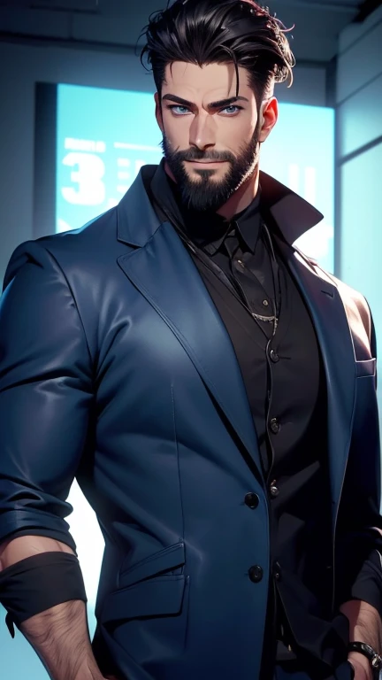 (  best quality,4K,8k,  highres,  masterpiece :1.2),  ultra-detailed  ,(realistic,photorealistic,photo-realistic:1.37),34 years old, man,3 day beard,Beautiful anime,Portraits,strong,Masculine,  with dark hair  ,sharp jaw,   mesmerizing blue eyes   ,  perfe...