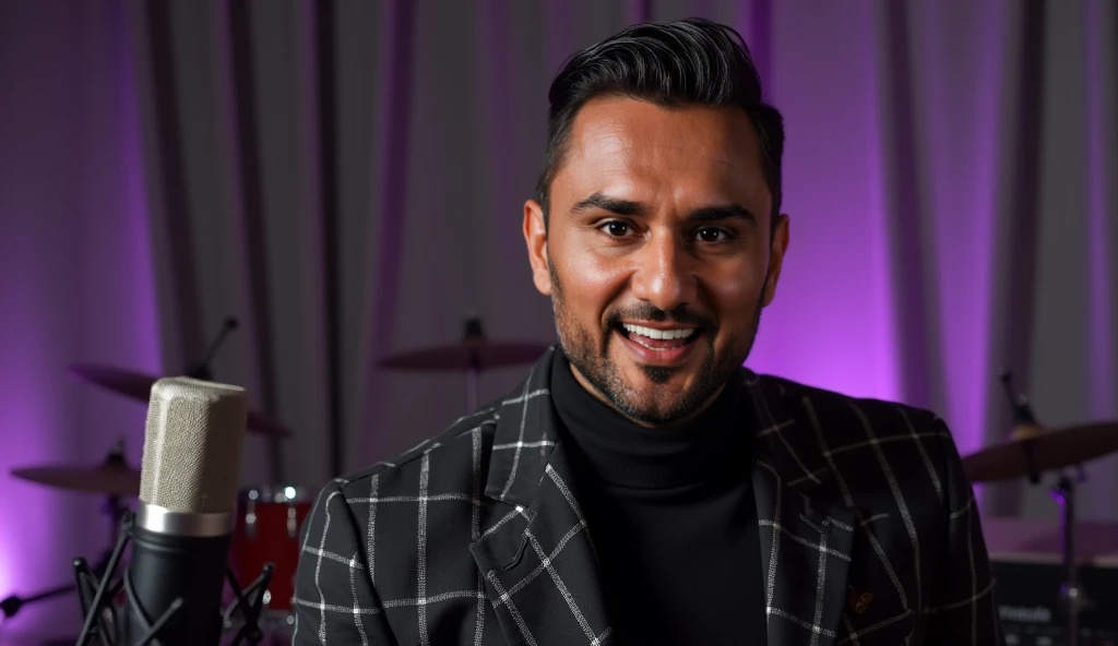 A close-up portrait of a confident man with a stylish salt-and-pepper beard and short hair, wearing a black turtleneck, with a neutral background, soft lighting highlighting facial features, exuding charisma and elegance. man with a muscular physique, perf...