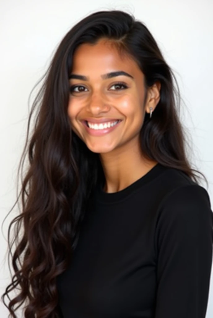 Super beautiful Egyptian girl of mixed descent with medium skin tone and long dark hair, approximately 20 years old, smiling confidently. She is wearing a black top and hoop earrings. White background.