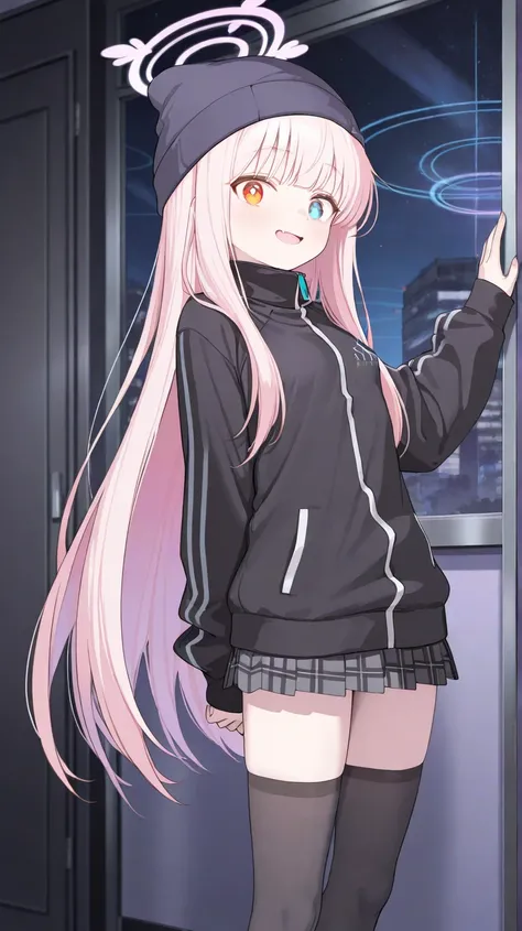 (Extremely detailed 8k unity CG wallpaper), Blue Archive, Hoshino Takanashi, pink hair, heterochromia of blue (right) and orange (left) eyes, solo, fang, anatomically correct, small breast (clothed),(soft dark) straight long hair, wearing a black beanie ca...