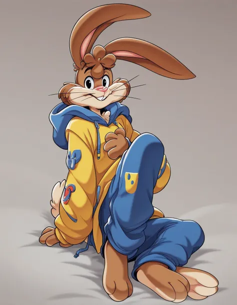 zPDXL3,quicky,4 fingers,brown fur, blue pants, yellow winter hoodie, sitting down on the bed in the bedroom, 25 year old adult, 6 feet tall, cute version of quicky, cute rabbit hair, furry, rabbit, male, femboy, slim,solo,looking_at_viewer,