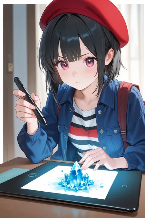 A bright and bright character with short black hair, a red beret, a blue jacket on a striped t-shirt, and a liquid crystal tablet pen in one hand