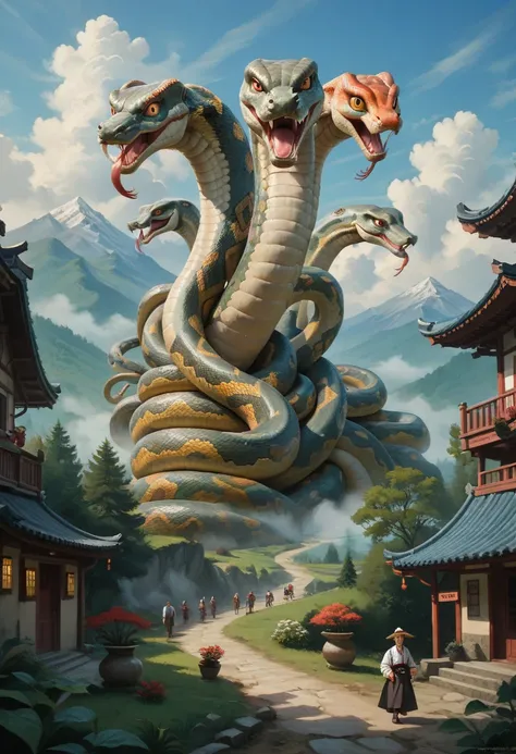 (Impressionist painting style), (Fantastic World), (Fantastic paintings), Misty landscape, Clouds over the mountains, Ancient Japanese Mythology, mythical eight-headed serpent, (A giant snake with eight heads and eight tails), Red radish-like eyes, Coming ...