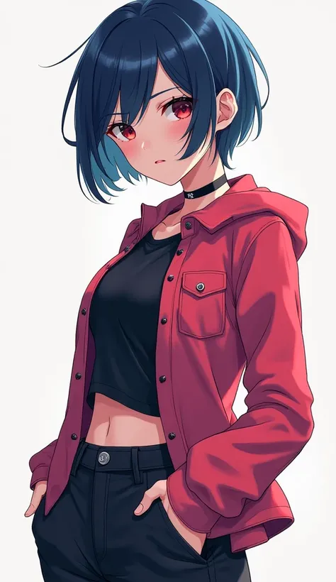 Make me an anime picture of a teenage woman, short haired, Dark blue , with red and black eye color, cute face ,  athletic body, shirt dress with black pants, use black women's boots 