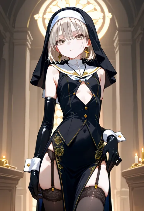  high resolution, best quality,,Skinny girl ,(( small tits)),黒い修道服 long maxi-skirt onepiece, nun, light beige hair,Light Beige Eyes , Very Shorthair,Golden embroidery,black buttoned cuffs, noble costume , LONG GLOVES, gold earrings,, wears a sailor suit un...