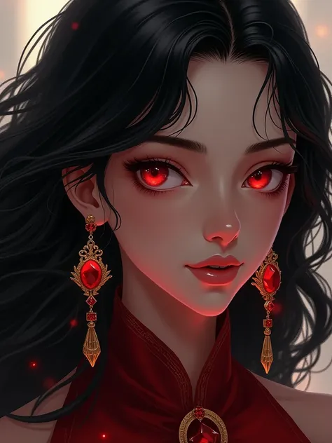  black hair　 red eyes　female　Age 15　Magister　gold and red earrings　 wavy hair　 nihilous smile