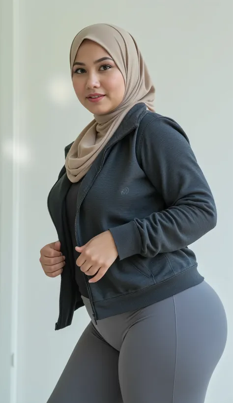 woman in hijab , Malaysian-looking face , wearing ashen pasmina hijab , wearing a dark gray sports jacket, and wearing grey leggings . nice body ( solid contains), very white skin , thick lips( dark brown color ), round buttocks , sensual face ( Facing the...