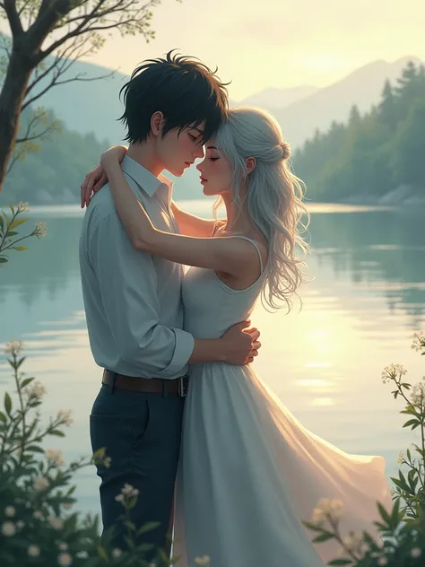 silver-haired girl and dark-haired boy　 hug　lake　Romance