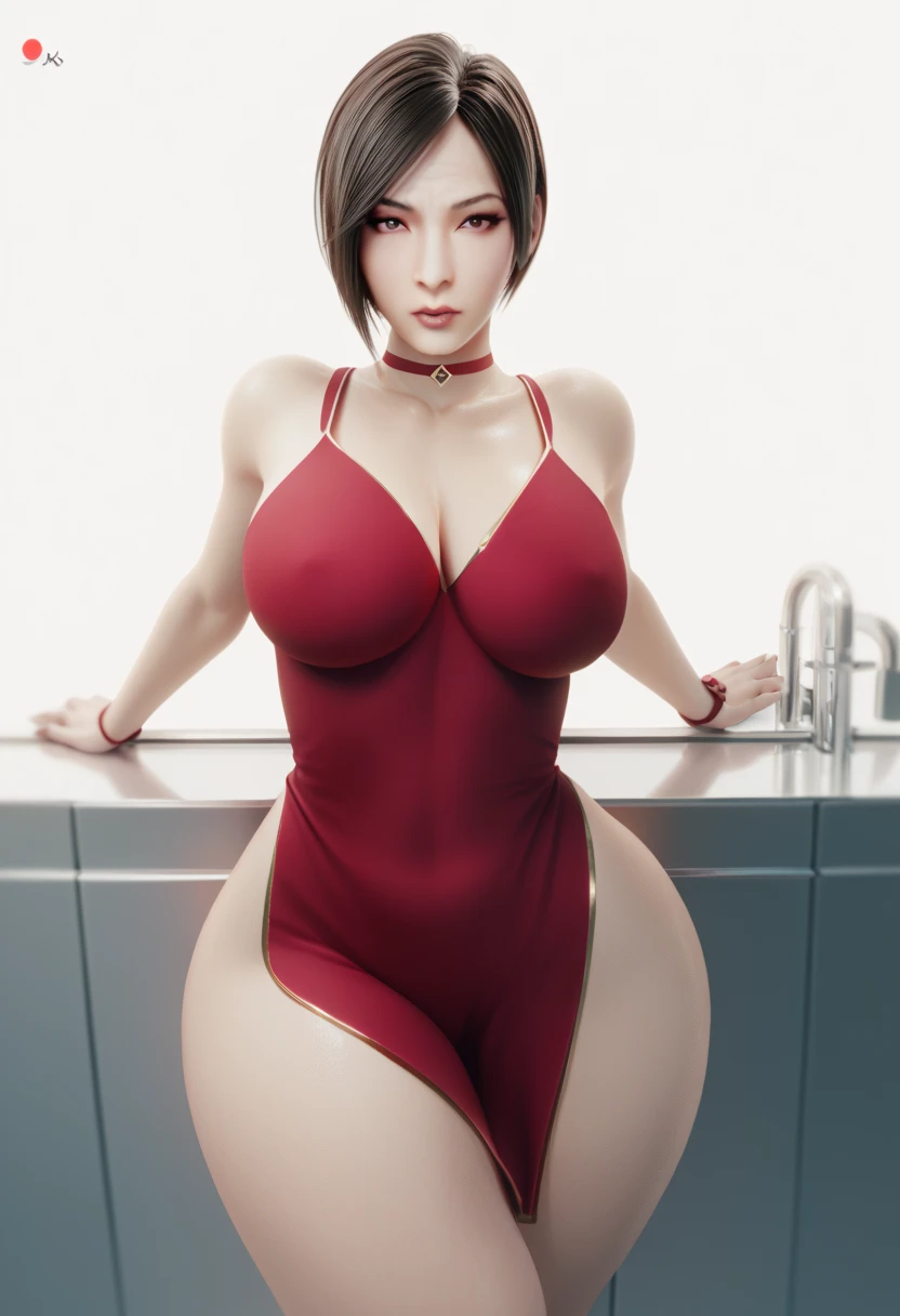 Ada Wong, Chinese woman, 1woman, sexy, curvy, big hips, big breasts, red dress, short black hair, Chinese features, resident evil, dynamic pose