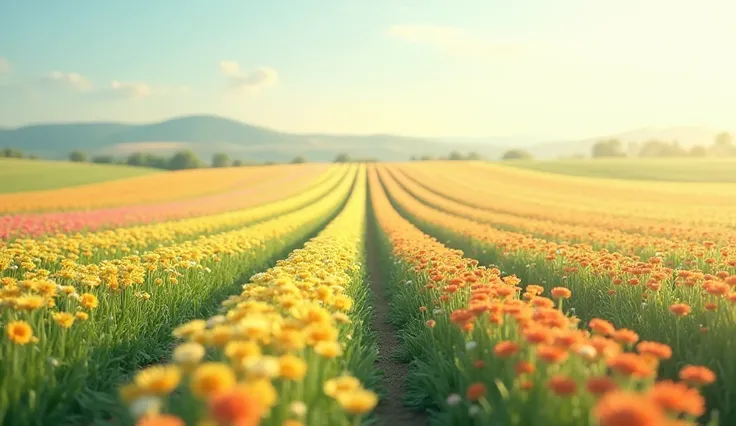 Showing the 10 rows of small flowers in the field 