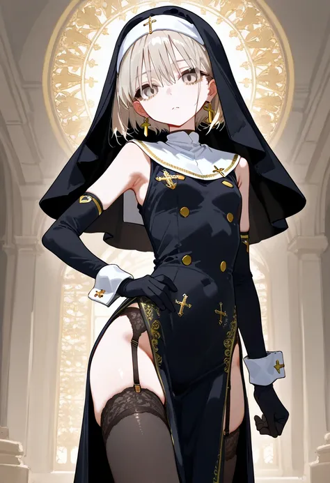  high resolution, best quality,,Skinny girl ,(( small tits)),黒い修道服 long maxi-skirt onepiece, nun, light beige hair,Light Beige Eyes , Very Shorthair,Golden embroidery,black buttoned cuffs, noble costume , LONG GLOVES, gold earrings,, wears a sailor suit un...