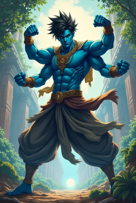  Strong adult male with 4 arms, Blue color, Short black hair spiked upwards, indian clothes,  ONE EYE ON THE FOREHEAD ,  fighting pose , Scenario from India, anime style