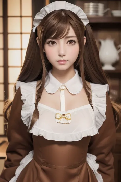 highest quality, masterpiece, 8k, Ultra-high resolution, (Realistic: 1.4), 1 girl, Beautiful Face, Symmetrical eyes, big, Perfect Body Proportions, ((Long Hair))、((Brown Hair:1.5)), Maid、((ゴスロリ風Maid服:1.4)), Viewer&#39;sight, ((Coffee shop、Blurred Backgroun...