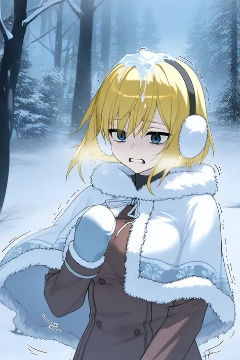 girl shivering in the cold, desperate expression, frozen lashes, frozen hair, medium breasts, snow on head, freezing cold, blonde hair, earmuffs, mittens, wearing layers of thick fur-trimmed snow country clothes, fur-trimmed cape, fur-trimmed capelet, fur-...