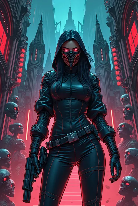  illustration of a woman with a gun,  cyberpunk gear , Masks and totems, Light black and red, in a vampire castle ， a huge scary goth building
neon tones, mechanical，cartoon, mirrored realms, vanity， American comic style