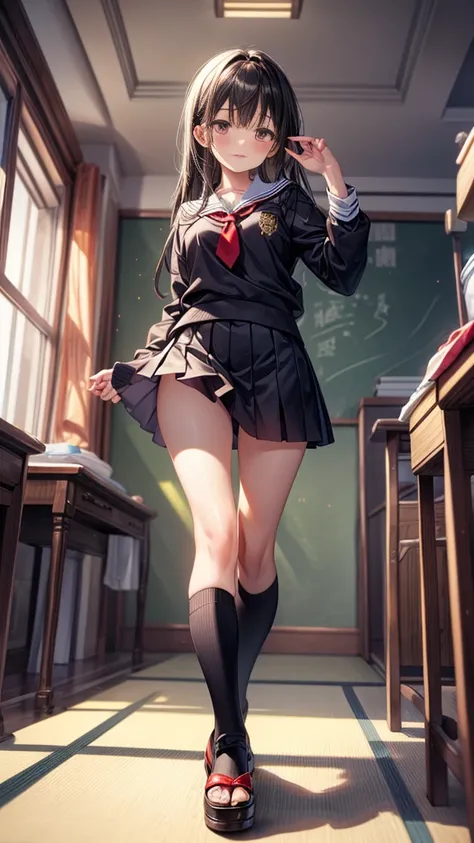 masterpiece, 最 High Quality ,  High Quality ,   Details,  black hair straight、 close-up of the bottom of the foot、 miniskirt、 is standing、 from below、 Wearing Black Knee Socks、school uniform、 raise one leg 、Japanese-style room、 red tie