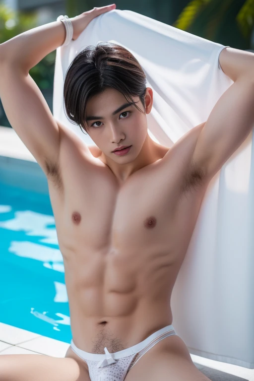  boy  (Wear white thong panties,) Full image,  Look at the camera,  Face Detail, Manly, Bad boy,  pool background, ท่า sexy,   Perfect Anatomy,  symmetrical body ,  boy ชาวAsia อายุ 19 ปี,  not wearing a shirt ::  High Detail, Asia,  sexy, ร่างกายน้อยๆ ที่...