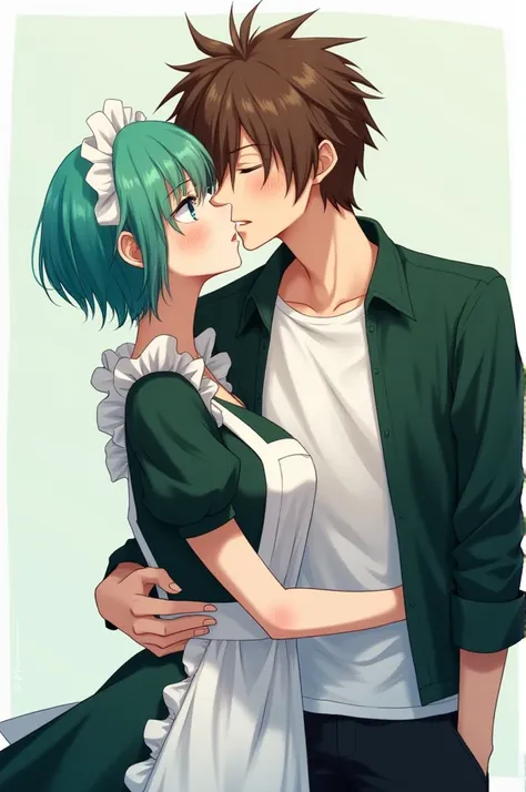 Beautiful girl looking seductive green turquoise short hair, wearing a maid outfit. 
a brown-haired boy dressed in a dark green jacket,  white t-shirt and black pants .
Both kiss passionately anime version. 