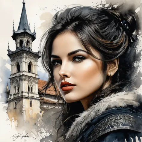 work of art, best qualityer, just a very beautiful Romanian woman in fashion design clothes, ink painting style, Brasov landmark in Romania, perfect poses, 
subdued colors, soft strokes, low angle, ink painting in the style of artists such as Russ Mills, s...