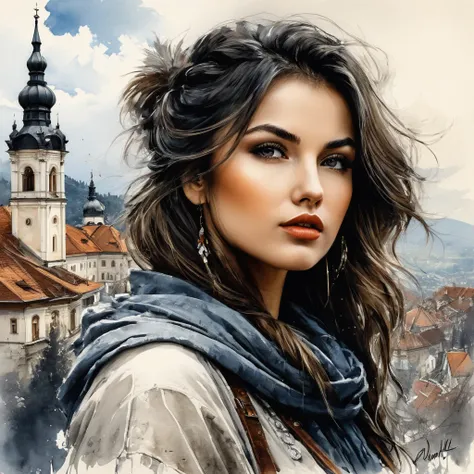 work of art, best qualityer, just a very beautiful Romanian woman in fashion design clothes, ink painting style, Brasov landmark in Romania, perfect poses, 
subdued colors, soft strokes, low angle, ink painting in the style of artists such as Russ Mills, s...