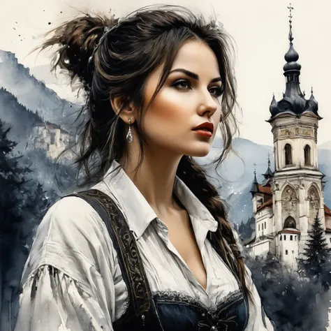 work of art, best qualityer, just a very beautiful Romanian woman in fashion design clothes, ink painting style, Brasov landmark in Romania, perfect poses, 
subdued colors, soft strokes, low angle, ink painting in the style of artists such as Russ Mills, s...