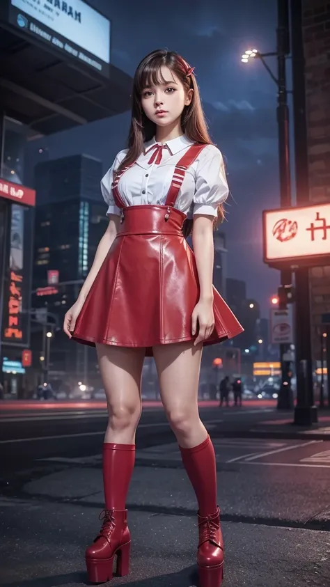 ((full body)) , fitted figure , cute beautiful schoogirl, beautiful cute teen face with big lips , ((High Waisted red leather skater pinafore dress)), ((blouse short puffy sleeves)) , High Waisted red leather  skater pinafore, ((red pioneer neckerchief)), ...