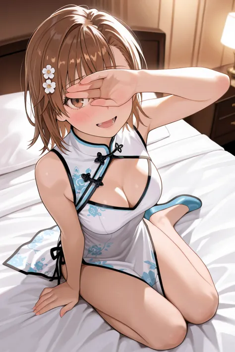 {{{masterpiece}}}, {{{best quality}}}, {{ultra-detailed}}, {illustration}, {{an extremely delicate and beautiful}} best quality Mikoto Misaka　short　hair brown hair hair,   absurdres,masterpiece,best quality,amazing quality brown eyes cute breasts　openmouth...