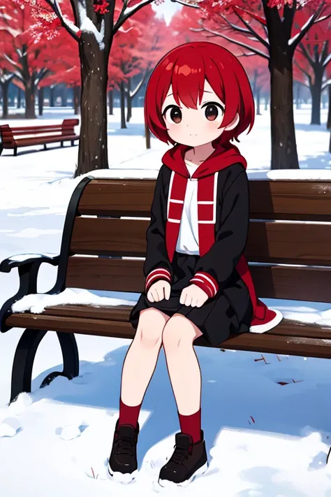   high quality , a , disfraz de Navidad (red and white),  red hair,  black eyes, short stature,  In a park  ,  sitting on a bench  ,snow,afternoon 