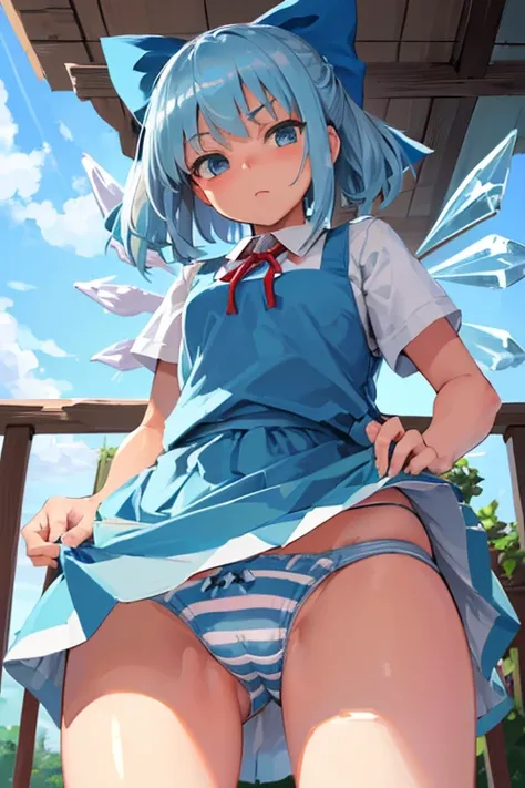 masterpiece, best quality, ultra detailed, ((gray striped panties, Cirno,)), (cowboy shot, crotch is close-up, ground-level, from below, mini skirt, from front),