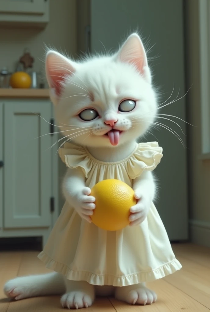 white kitten wearing nightgown , holding a cut lemon. his tongue flashed , his eyes are white, he wants to pass out.Behind him is the kitchen door.