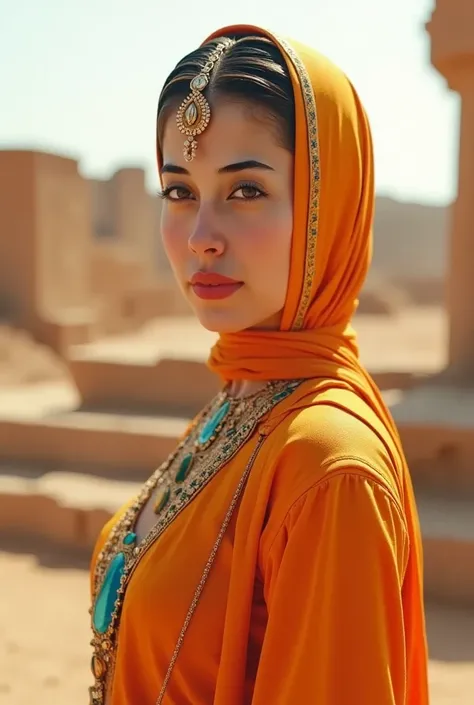 beautiful Egyptian woman, 1girl, beautiful detailed eyes, beautiful detailed lips, extremely detailed eyes and face, long eyelashes, intricate headdress, ornate jewelry, flowing robe, desert landscape, ancient ruins, dramatic lighting, vibrant colors, cine...