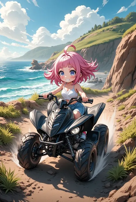 A pink bun short hair girl drives a super cool matte black quad bike down a coastal road. smiling, ultra detailed, absolutely resolution, masterpiece