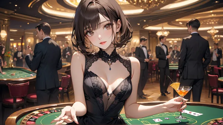  I have a cheek stick next to the casino poker table、 A Bewitching Woman.  I'm wearing a beautiful cocktail dress , I have elegant dark hair , Fine brown eyes,  Fascinating Lips, Graceful gestures, masterpiece,  High Quality .There are no people in the bac...