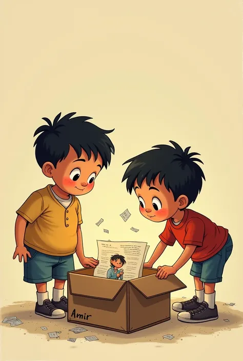 Ducky and Amir slowly approached the box and opened it. Inside was a paper and an antique box cartoon images one boy was fat one was thin