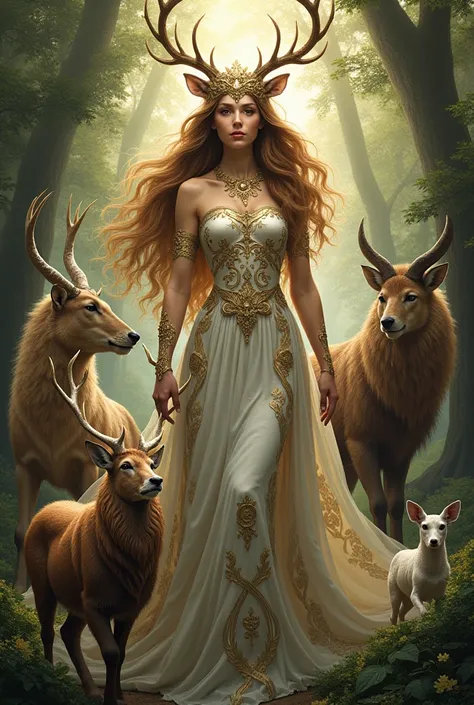 create a goddess of animals make it very detailed attire