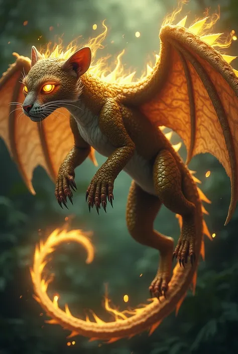 **Draguar **  — A hybrid of dragon and jaguar ,  with iridescent scales and flaming eyes ,  its paws have razor-sharp claws and its tail is long,  with a tip that emits mystical energy .  It flies silently through the jungle ,  leaving a trail of golden sm...