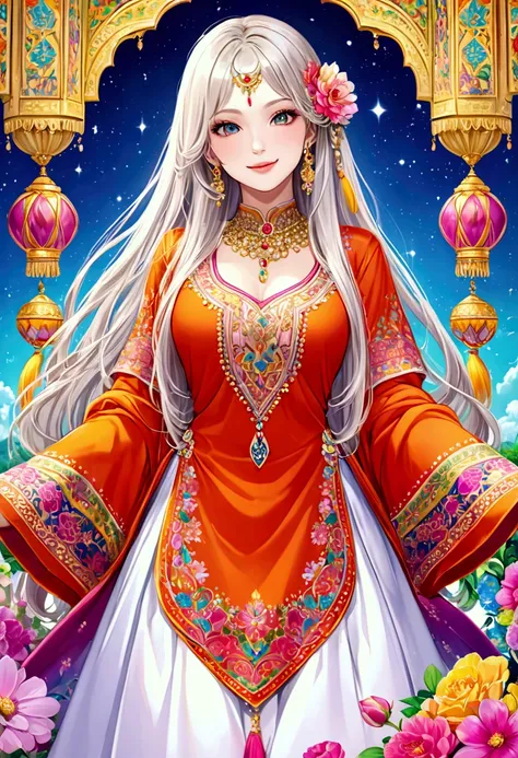 👩👧💋💖💖💖A beautiful girl is wearing a Punjabi suit dress、 long silver blond hair、smile、CG digital art illustration、