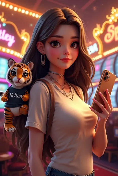 Generate a woman's avatar,with brown hair and brown eyes,She holds an iPhone 15 and on the side is a cute tiger with a t-shirt written “Hellen” ,In the background there is a casino all in 3D