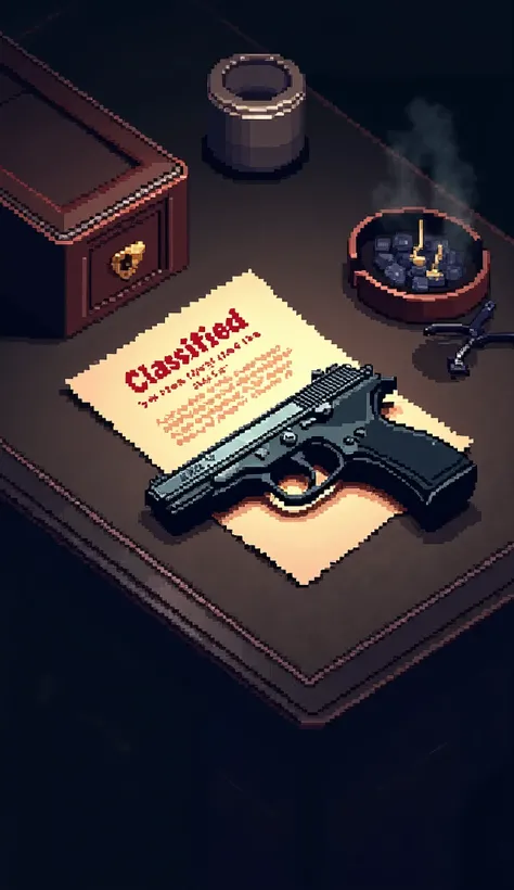 pixel art a gun on a desk with a "classified" file and an ash trey top view