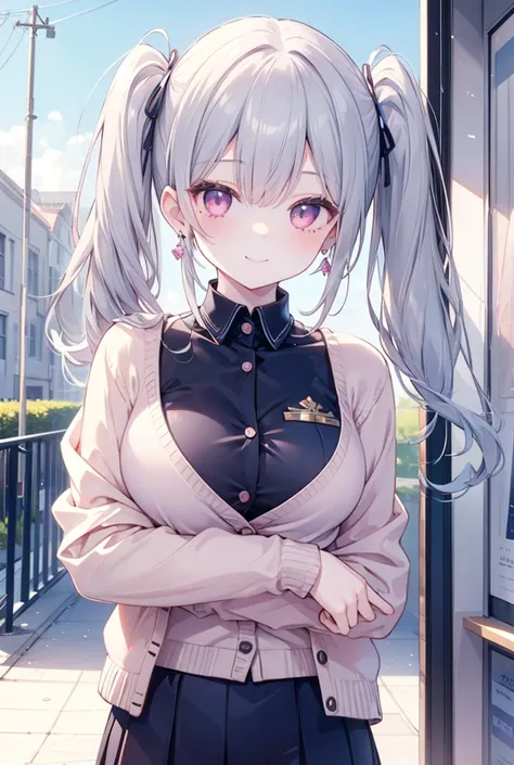 Gray-haired pink eyes、 girl, breasts、twin tails、smile、gal girl、wearing cute earrings、uniform、knit cardigan、Has eye highlights、School、blue sky